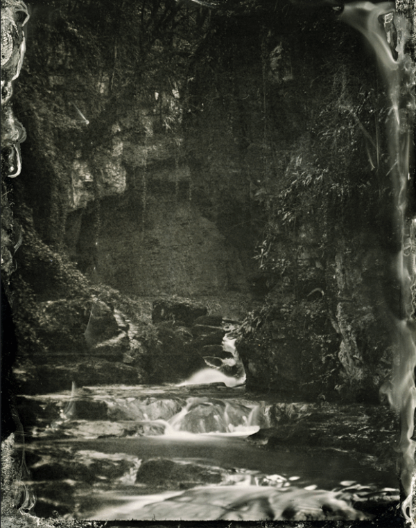 Cascades du Grenand en noir et blanc, photographiée au collodion humide.